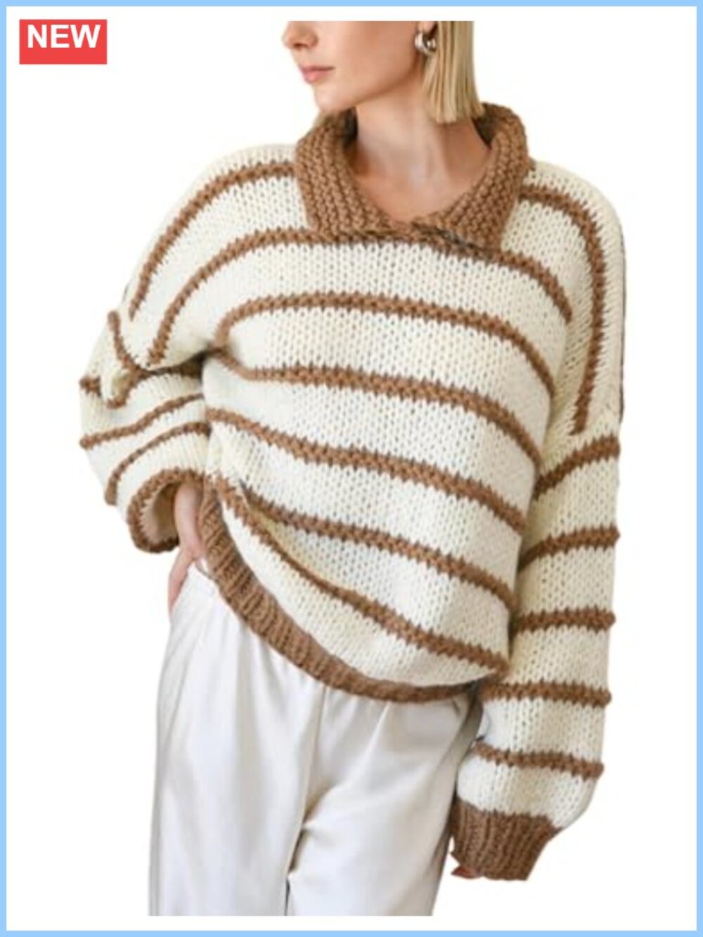 Womens Striped Crewneck Drop Shoulder Long Balloon Sleeve Oversized Knit